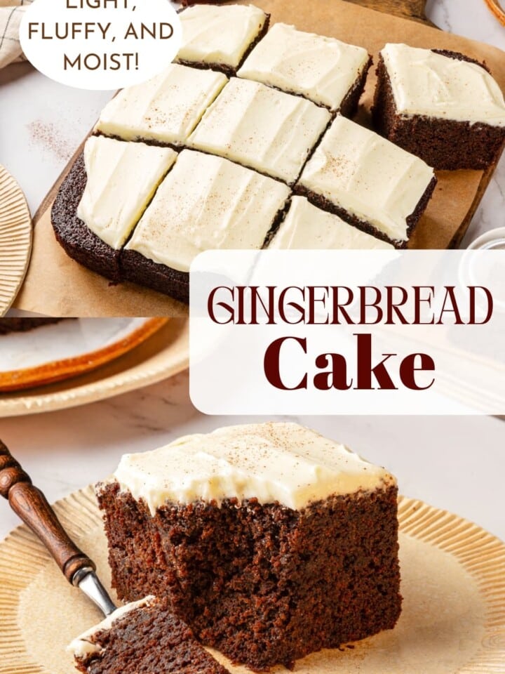 Gingerbread cake topped with soft frosting and warm spices cooling on the counter for serving.