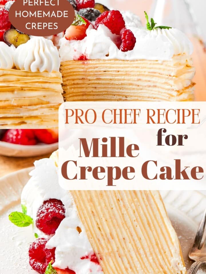 A celebratory vanilla crêpe cake sliced cleanly to show the airy cream between layers.