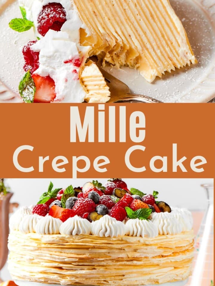 A rustic French-inspired crepe cake revealing many thin layers filled with light vanilla cream.