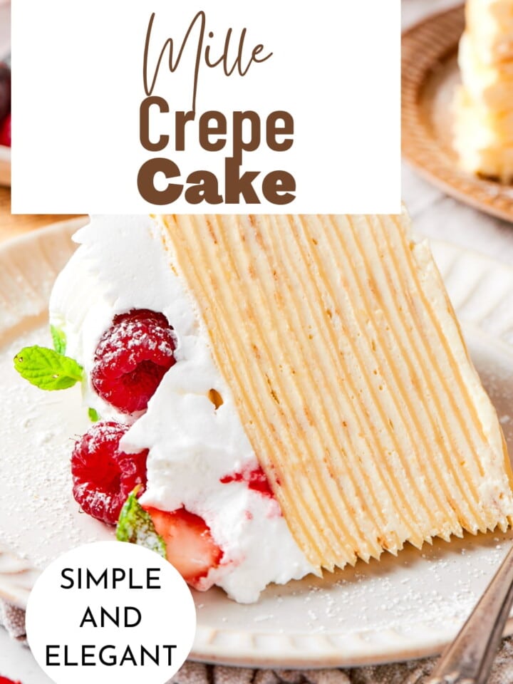A single slice of vanilla mille crêpe cake showing many thin layers and soft cream.