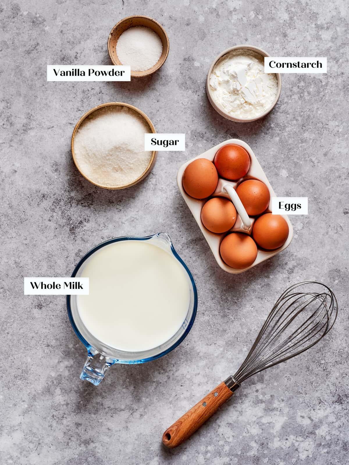 All components for making the crepe cake set out and ready for the recipe steps.