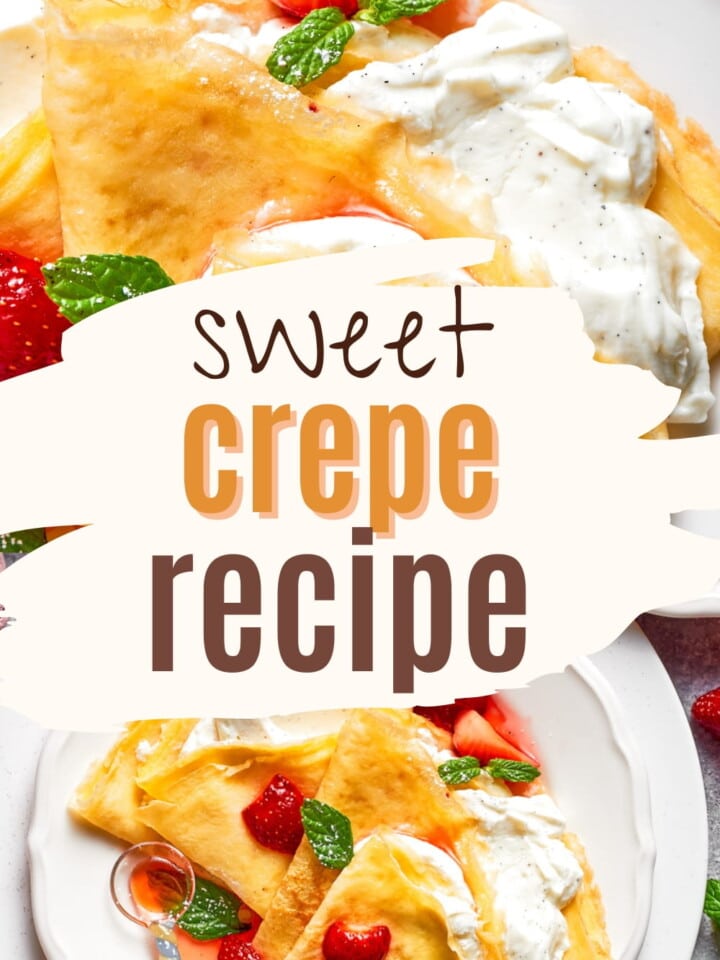 Thin sweet crepes stacked on a plate with crisp edges and light golden color.