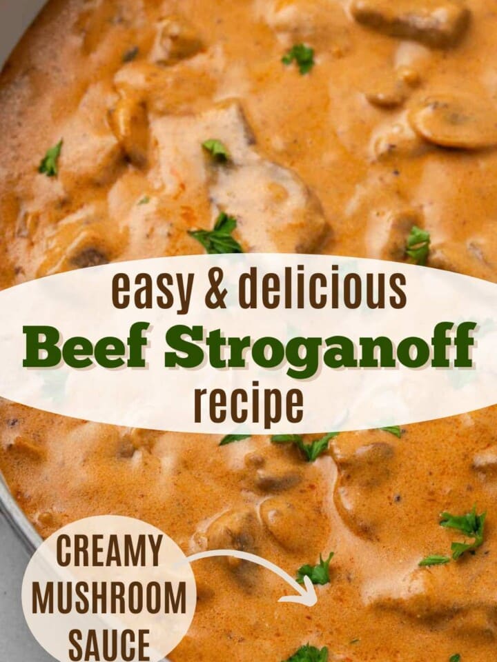 Beef stroganoff in a creamy mushroom sauce garnished with parsley.