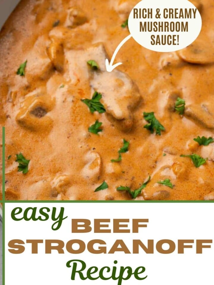 Beef stroganoff in a creamy mushroom sauce garnished with parsley.