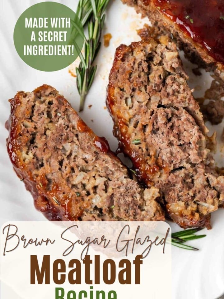 Slices of meatloaf topped with brown sugar ketchup glaze.