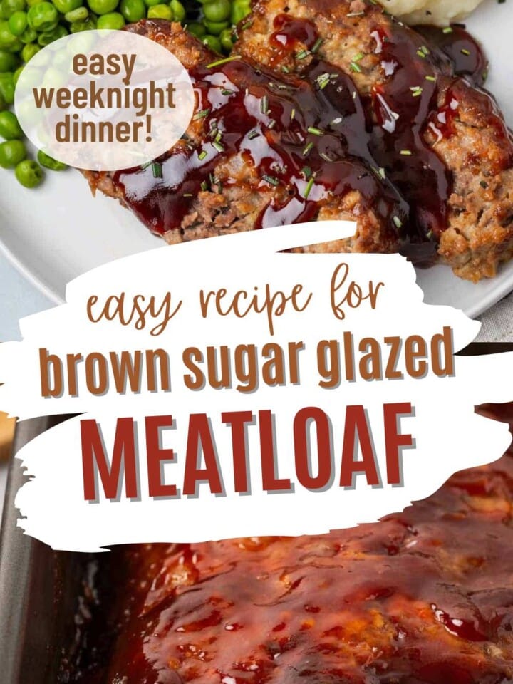 Slices of meatloaf topped with thick brown sugar ketchup glaze.