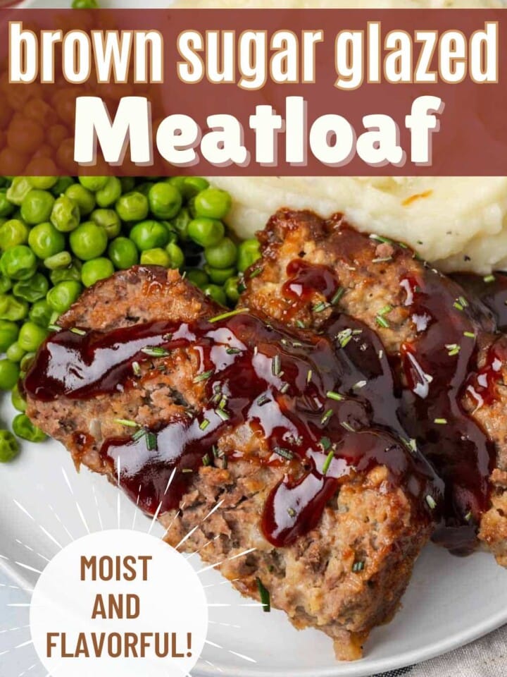 Slices of meatloaf topped with thick brown sugar ketchup glaze.