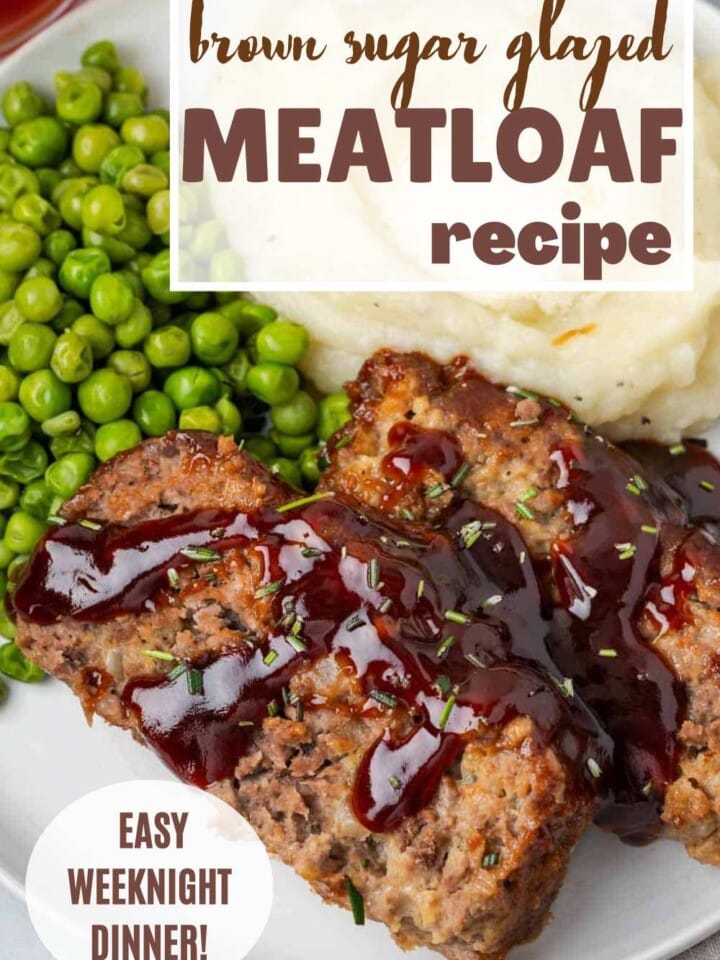 Slices of meatloaf topped with thick brown sugar ketchup glaze.