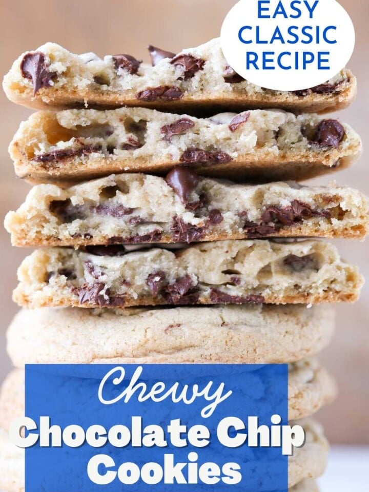 Stack of soft chocolate chip cookies with gooey chocolate chips.