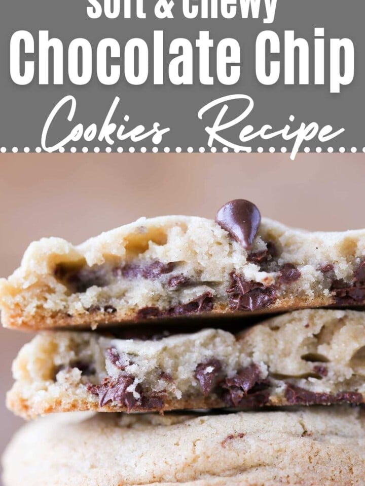 Stack of soft chocolate chip cookies with gooey chocolate chips.