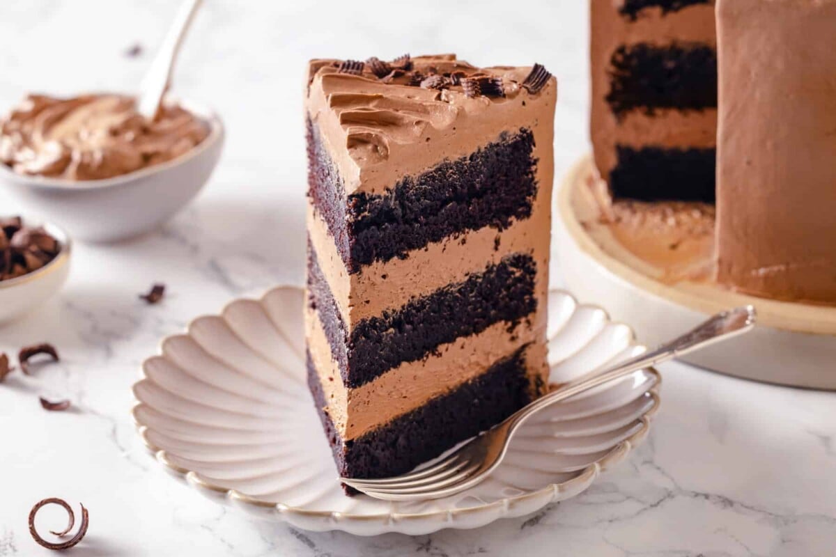 A layered chocolate cake slice displaying smooth buttercream lines from top to bottom.