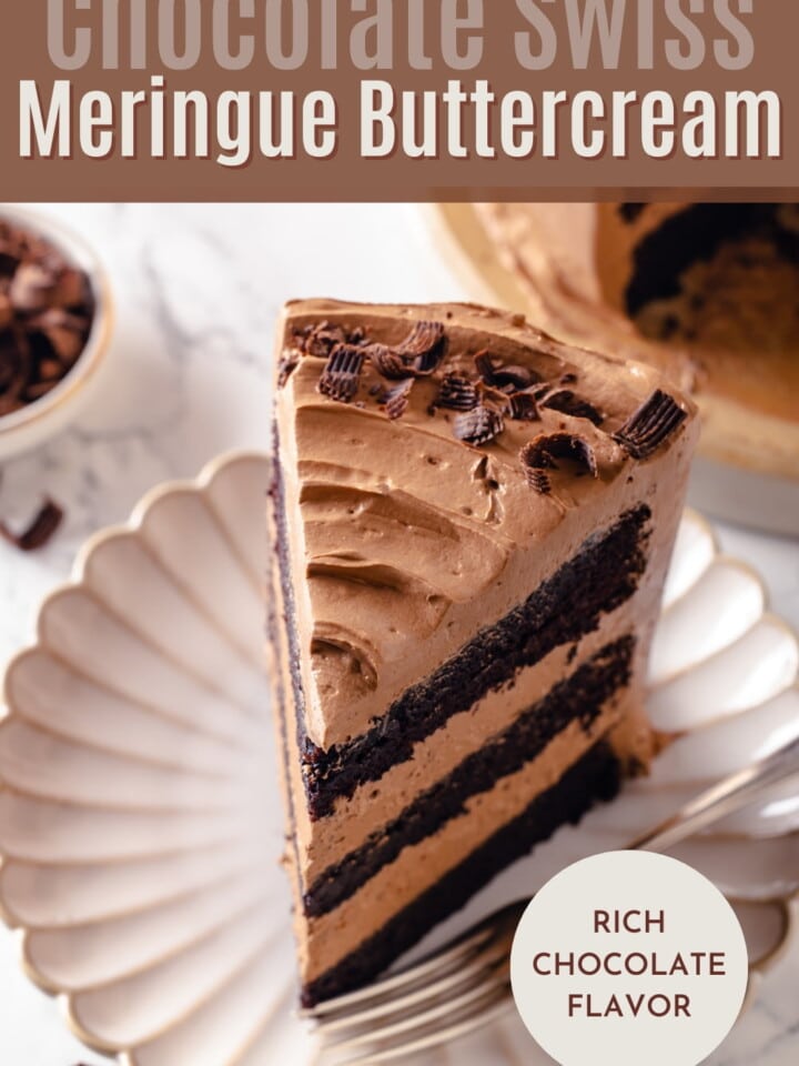 Chocolate Swiss meringue buttercream spread across a cake slice creating a smooth and even surface.