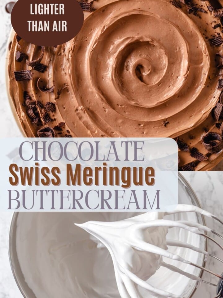 Thick ribbons of chocolate Swiss meringue buttercream clinging to a whisk after mixing.