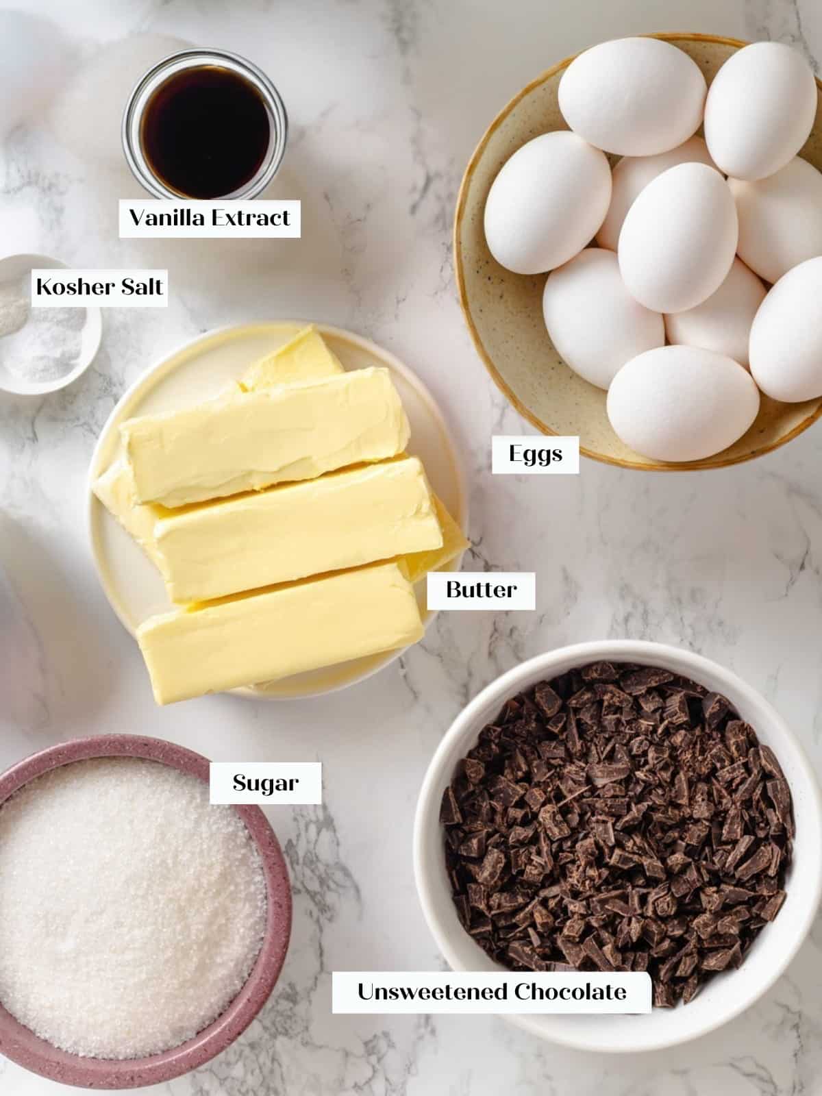 All ingredients for making chocolate buttercream placed together before starting the recipe.