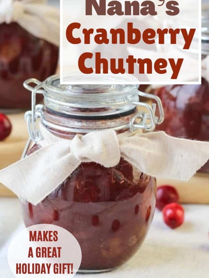Fresh cranberry chutney in a decorative jar for gifting.