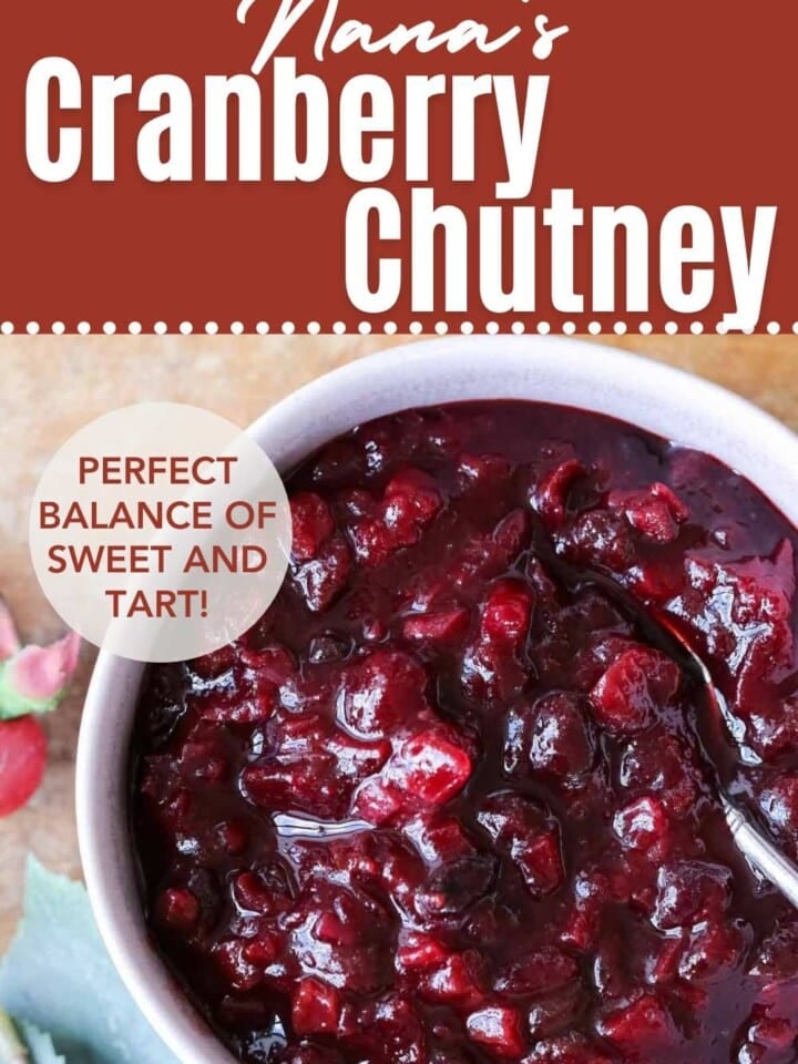 Vibrant red cranberry chutney in a bowl.
