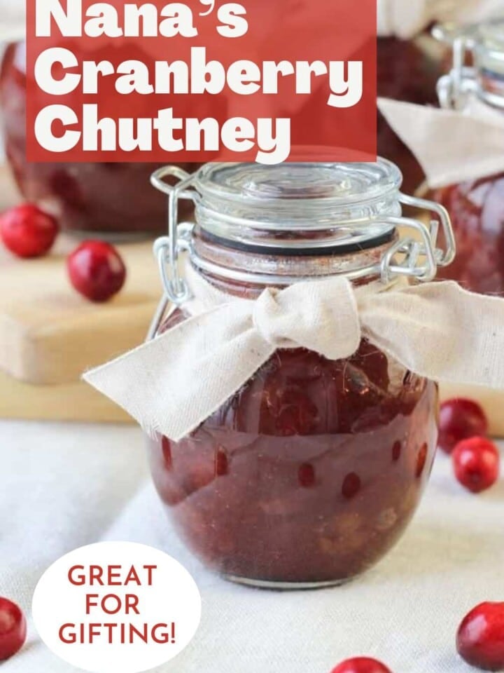 Fresh cranberry chutney in a decorative jar for gifting.