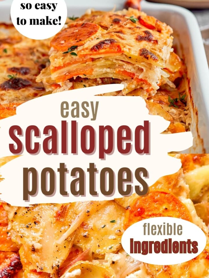 Family-style scalloped potatoes with sweet potatoes and cheddar sauce resting before serving.