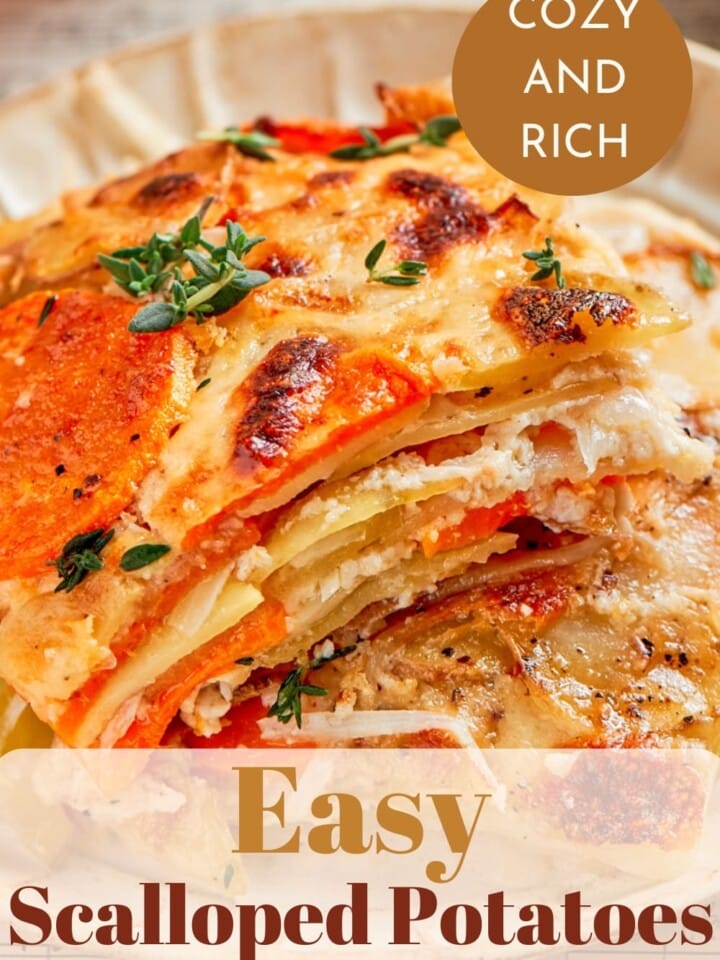 Easy scalloped potatoes made with sweet potatoes, baby potatoes, and shallots ready for serving.