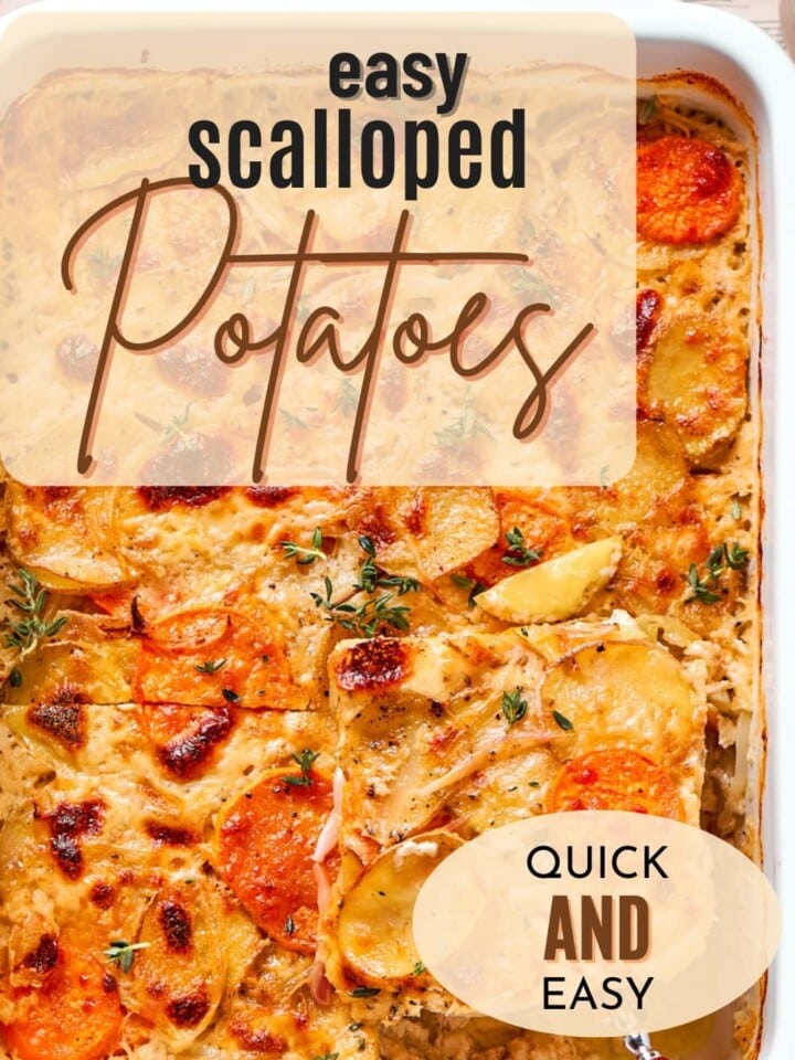 Baked scalloped potatoes with cheddar cheese sauce and thin sliced sweet potatoes in casserole dish.