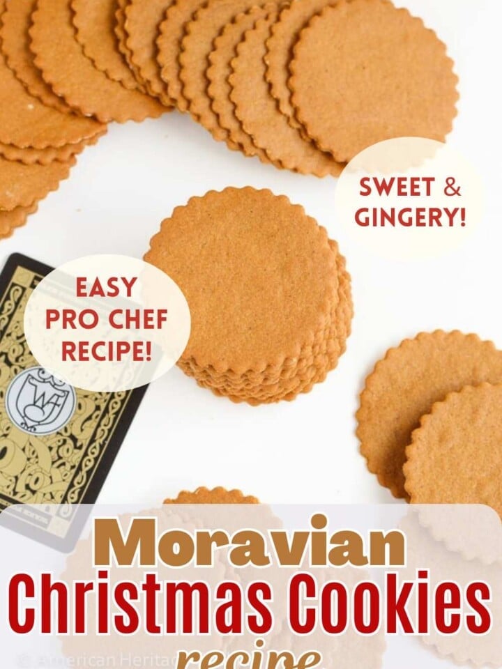 Thin, round, golden brown moravian cookies with scalloped edges.