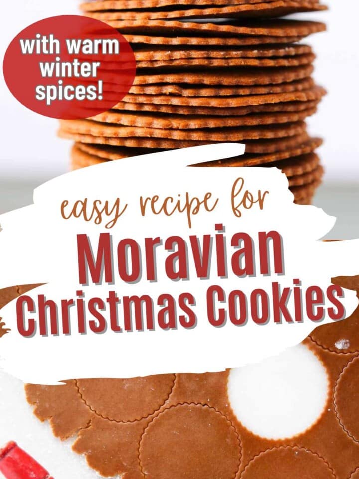 Stack of thin, round, golden brown moravian cookies with scalloped edges and rolled cookie dough with circular shapes cut out.