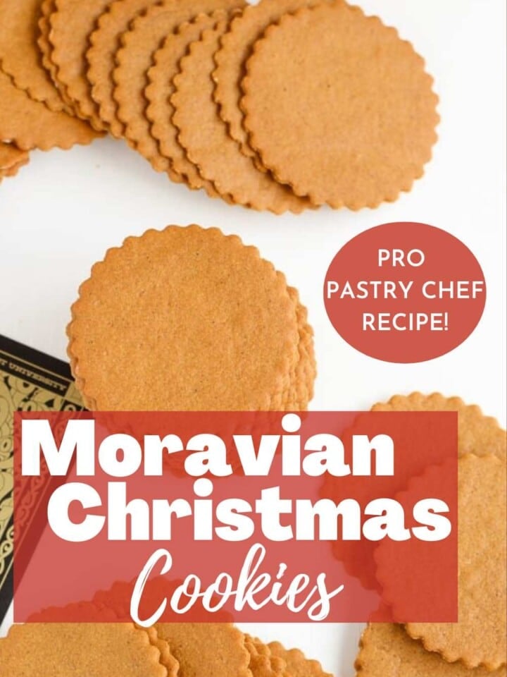 Thin, round, golden brown moravian cookies with scalloped edges.