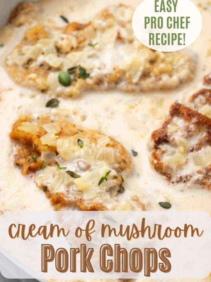 Golden brown porkchops smothered in cream of mushroom soup.