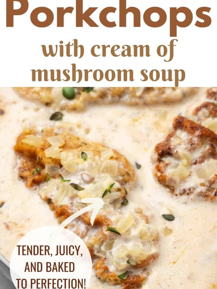 Golden brown porkchops smothered in cream of mushroom soup.