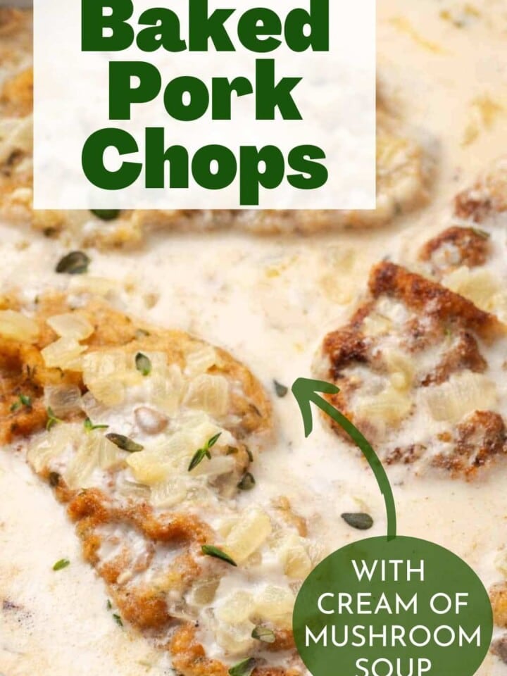 Golden brown porkchops smothered in cream of mushroom soup.