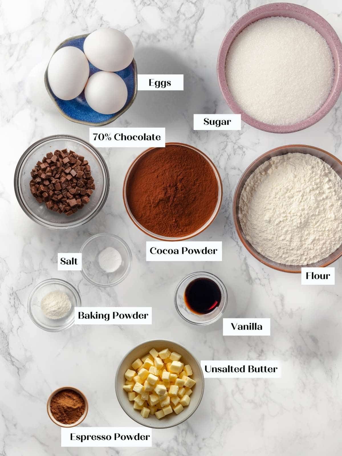 Brownie ingredients prepped and organized on countertop before mixing begins.