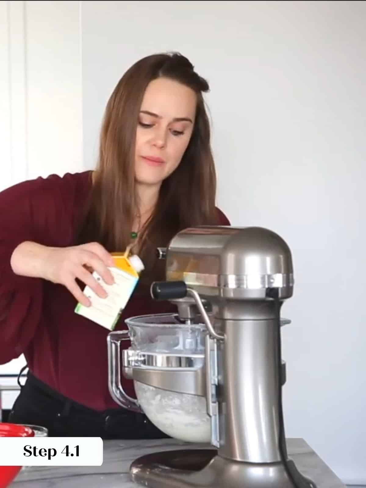 Adding heavy cream to mixer bowl, adjusting peppermint frosting consistency for spreading.