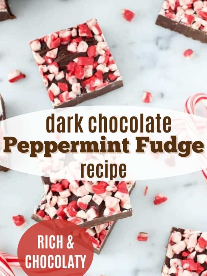Dark chocolate peppermint fudge squares topped with crushed peppermint pieces.
