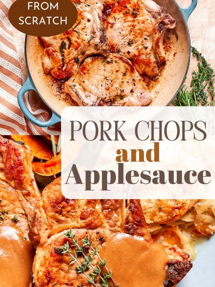 Pork chops cooked in a skillet with rosemary, sage, and applesauce pan sauce.