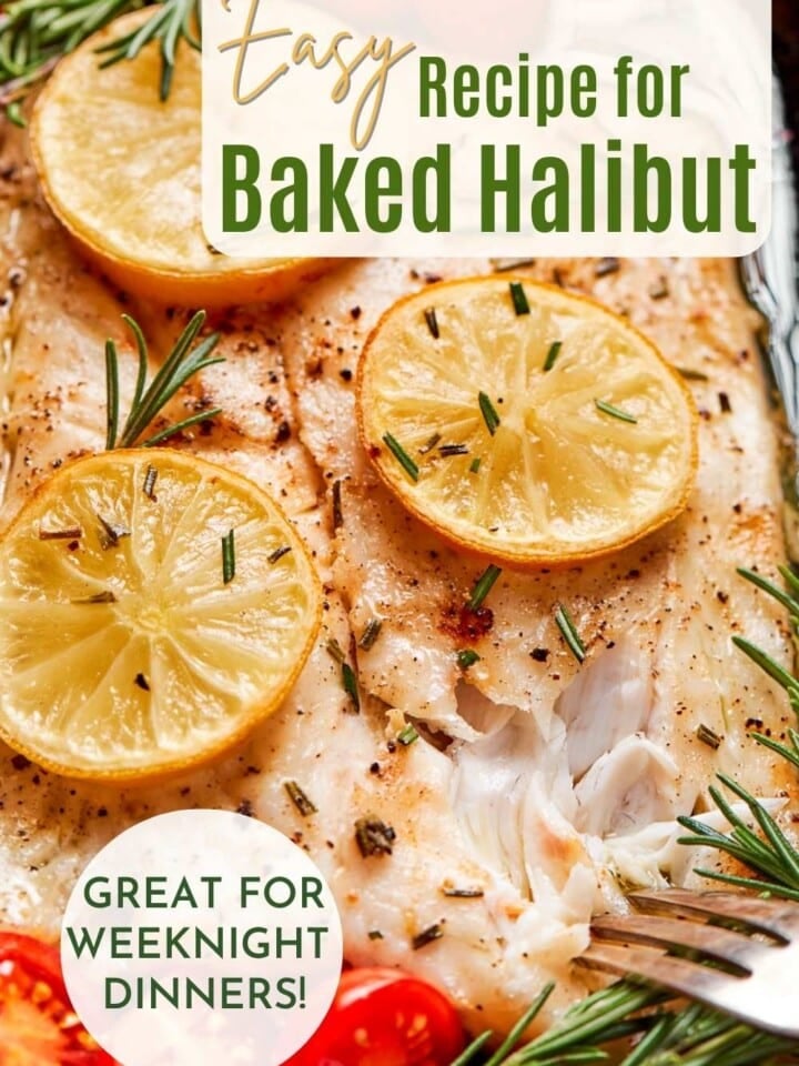 Buttery baked halibut with champagne vinaigrette topped with lemon slices, cherry tomatoes, and thyme.