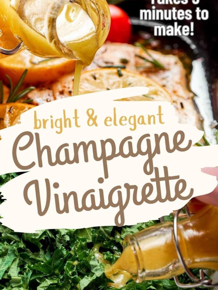 Bright and zesty champagne vinaigrette drizzled over a salad and baked halibut.