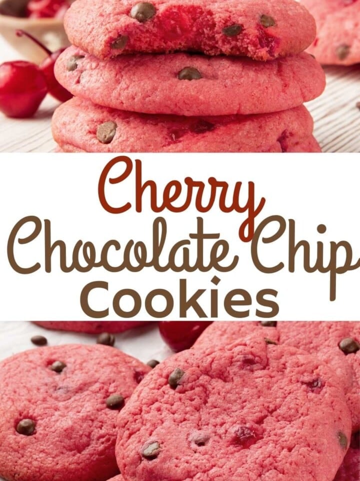 Stack of soft pink cherry cookies with mini chocolate chips and chunks of maraschino cherries.
