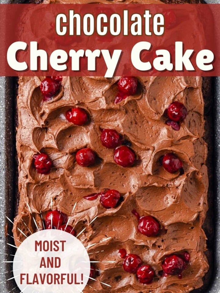 Chocolate cherry sheet cake with fluffy chocolate buttercream frosting and cherries on top.
