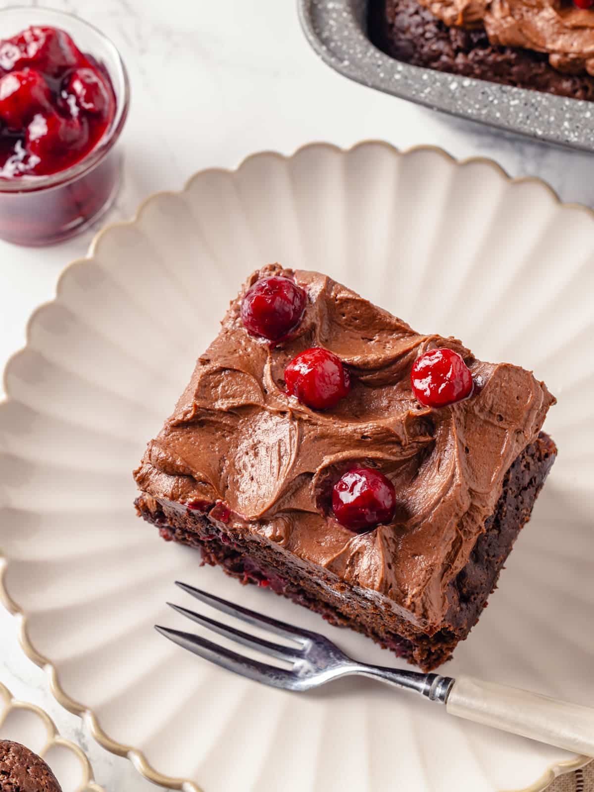 Chocolate cake slice plated neatly and ready to be eaten.