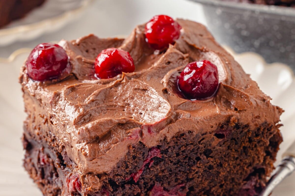 Frosted chocolate cake slice featuring cherries and gently textured icing surface.
