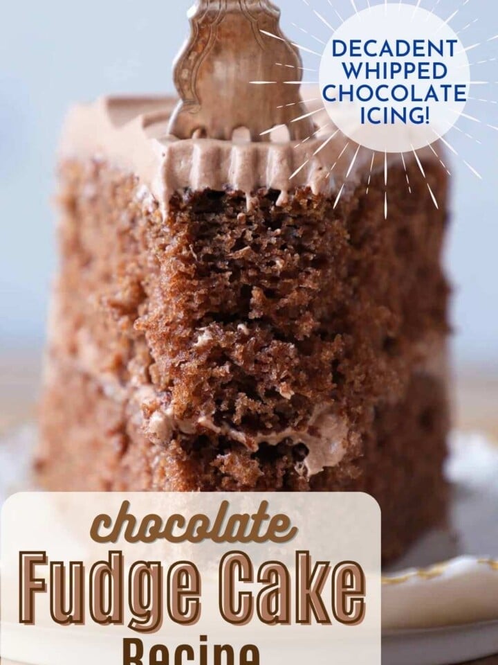 A slice of fluffy, moist chocolate fudge cake with chocolate frosting and a fork stuck in it.