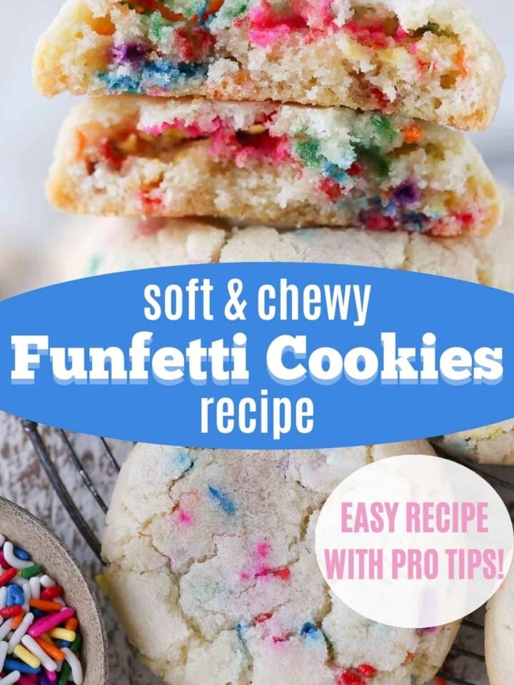 Stack of colorful funfetti sugar cookies with soft chewy center exposed.