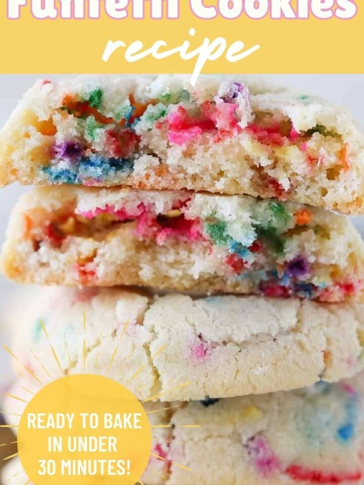 Stack of colorful funfetti sugar cookies with soft chewy center exposed.