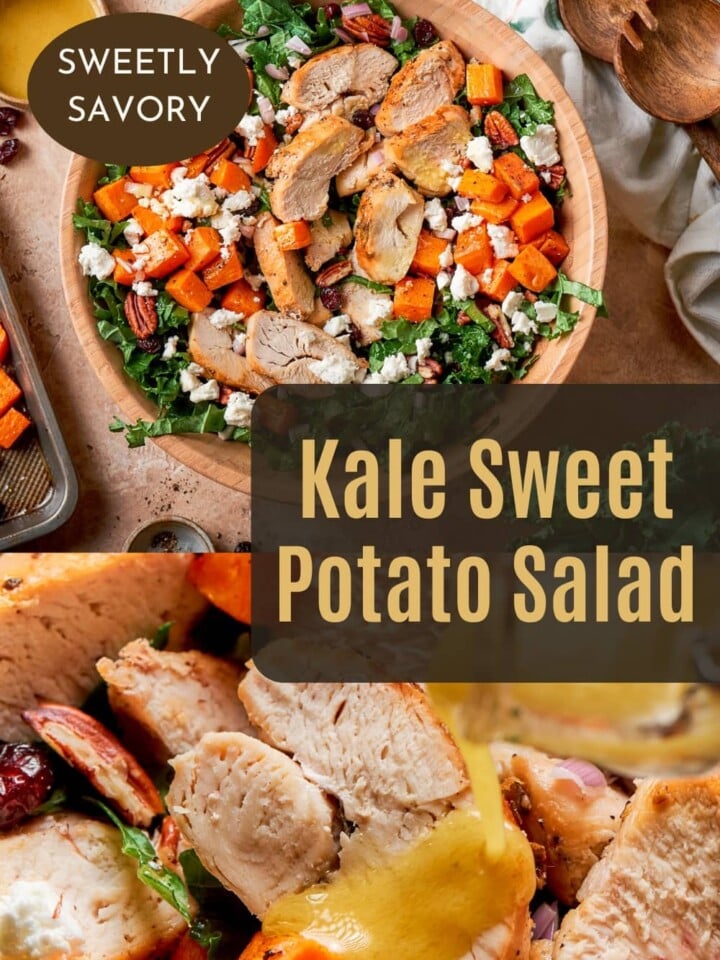 Hearty kale salad with warm sweet potatoes, toasted nuts, tangy dressing, and soft greens.