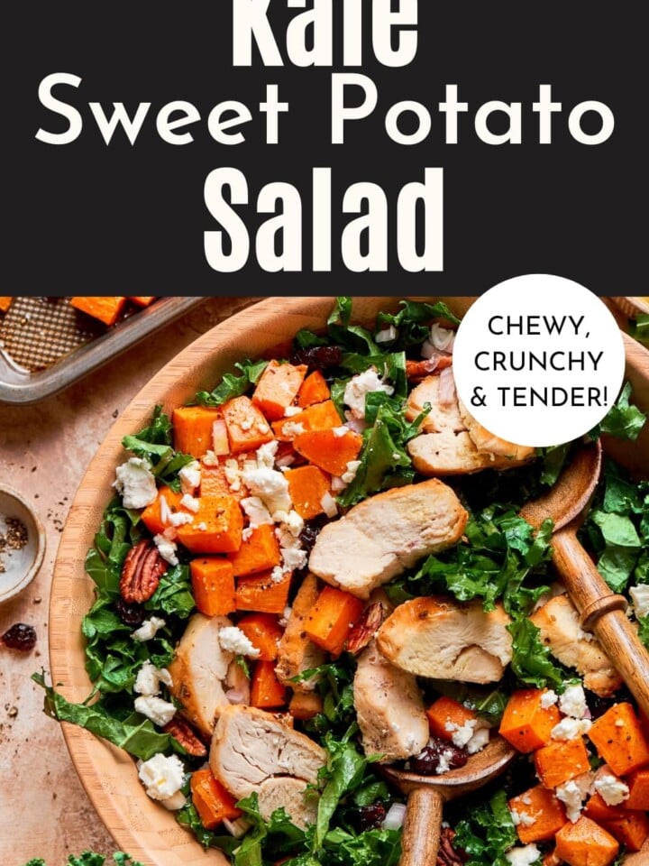 Roasted sweet potatoes layered over ribboned Tuscan kale with chicken and champagne vinaigrette.