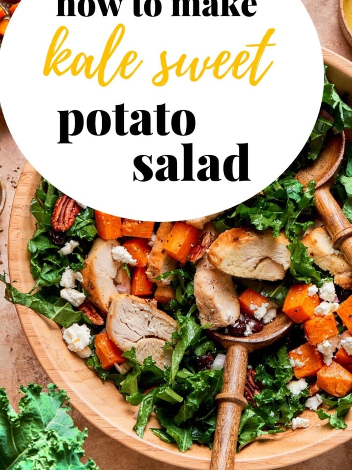 Kale sweet potato salad served with roasted vegetables, pecans, dried cherries, and crumbled goat cheese.