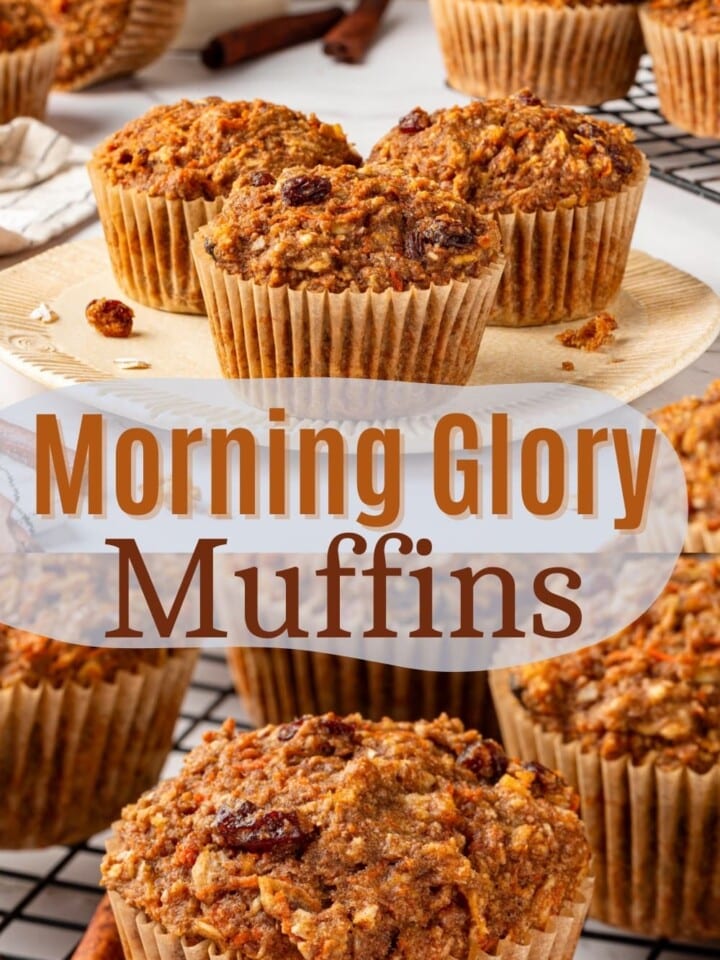 Whole wheat morning glory muffins baked with carrots, apple, oats, and maple syrup.