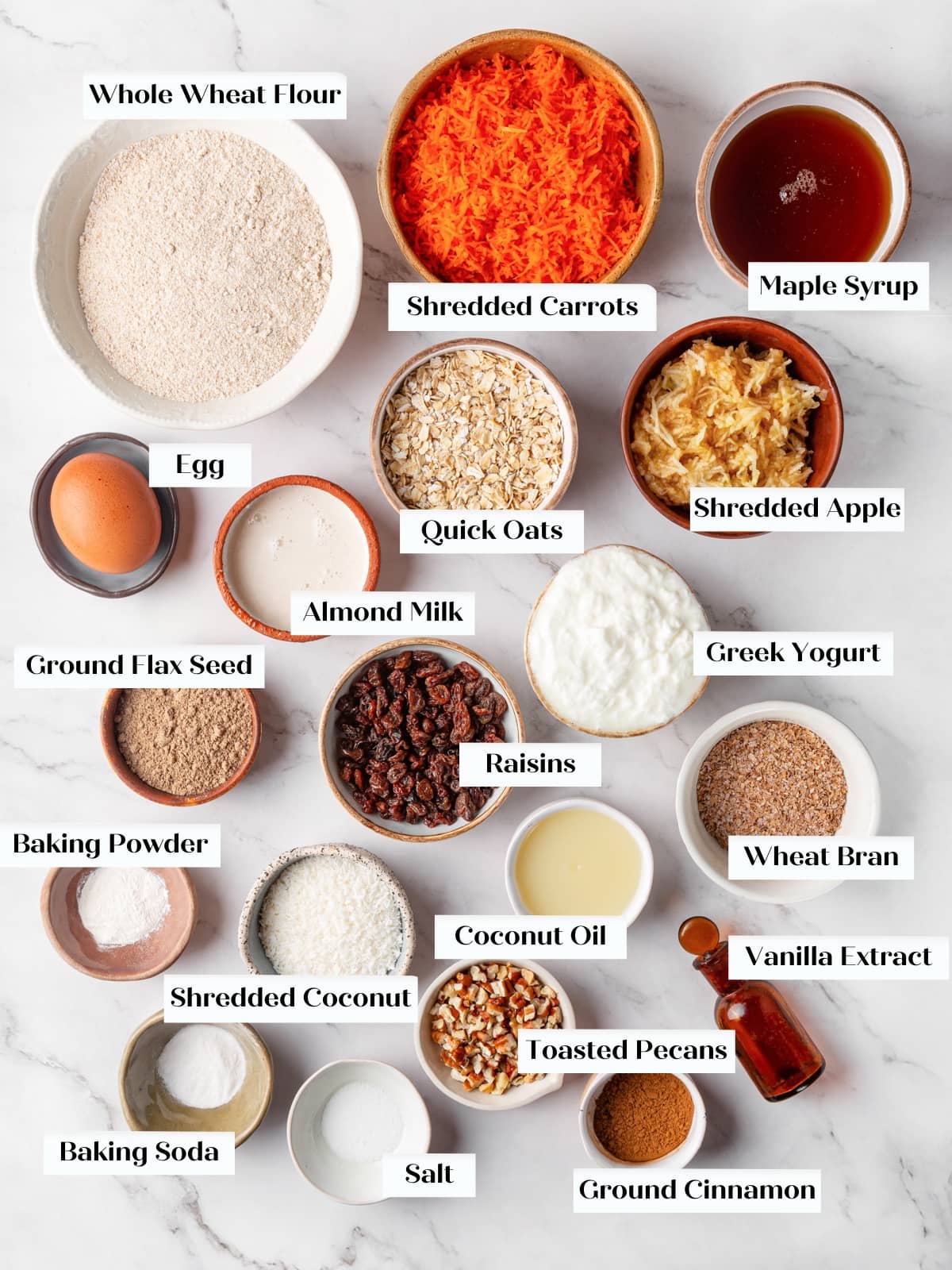 Ingredients for morning glory muffins laid out before mixing and baking begins.