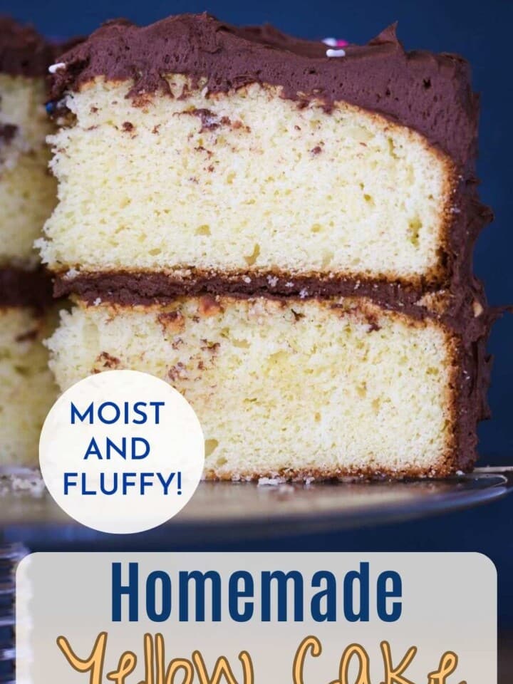 Slice of fluffy moist yellow cake with chocolate frosting and rainbow sprinkles.