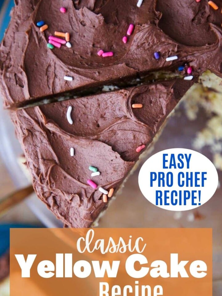 Yellow cake with chocolate frosting and rainbow sprinkles.